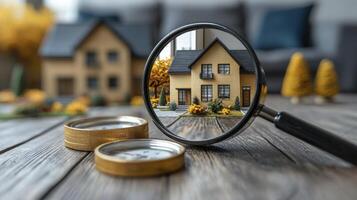 A magnifying glass is used to look at a house model photo