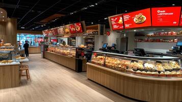 A fast food restaurant with a counter and a display case photo