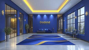 A blue and gold lobby with a large rug photo