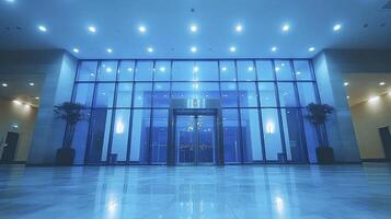 A large glass door in a building with lights on photo
