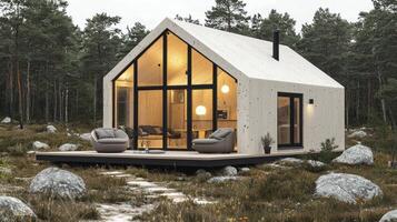 A tiny cabin in the woods with a patio photo