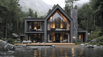 A modern house in the woods with a lake photo