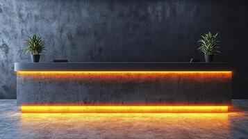A concrete reception desk with orange lights photo