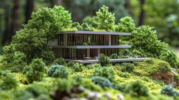 A miniature house in the middle of a forest photo