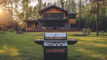 A grill and a house in the background photo