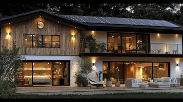 A modern home with solar panels on the roof photo