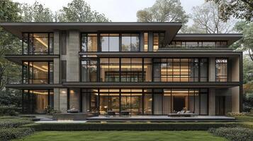 Modern house in the woods with large windows photo