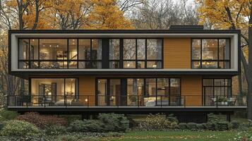 A modern house with a large balcony and a large deck photo