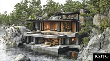 A modern house on the rocks by the water photo