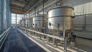 A large industrial building with tanks and pipes photo