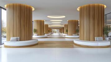 Modern lobby with wooden columns and white couches photo