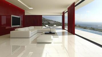 A living room with a large window overlooking the ocean photo