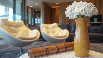 A vase with white flowers sitting on a table photo