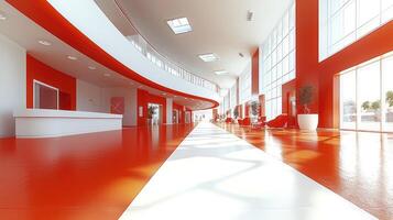 A long hallway with red and white walls photo