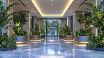A modern lobby with lots of plants photo
