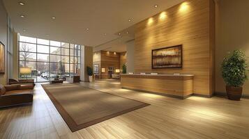 A large lobby with a large wooden wall photo