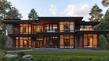 A modern home with large windows and a large lawn photo