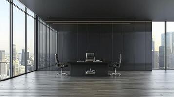 An empty office with a table and chairs photo
