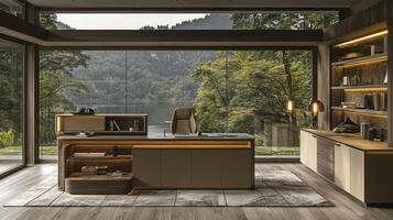A modern office with a view of the lake photo