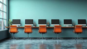 A row of computers in front of a window photo