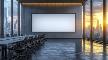 An empty conference room with a large screen photo
