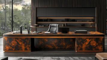An office desk with a black and brown marble top photo