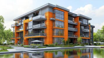 An orange apartment building with a pond in front of it photo