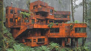 A house made of rusted metal in the woods photo