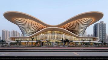 A train station with a large building shaped like a butterfly photo