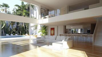 A large living room with a large glass wall photo