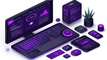 A purple computer with a purple keyboard, mouse and other items photo