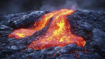 A lava flow is pouring out of a volcano photo