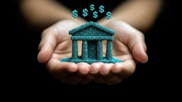 Bank building with dollar signs in hands photo