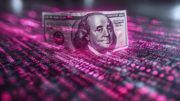 Us dollar banknote on a pink background with binary code photo