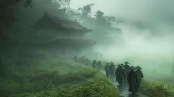 A group of people walking down a path in the fog photo