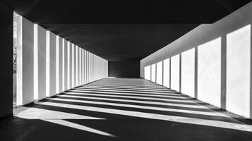 Black and white photo of a long hallway with shadows