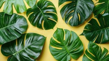 Various green leaves on a yellow background photo