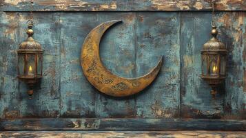A crescent and lantern hanging on a wooden wall photo