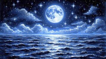 A painting of the moon and stars over the ocean photo