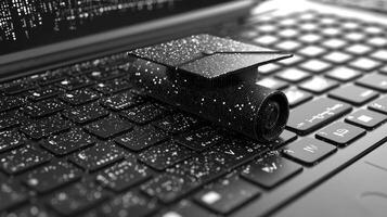 A graduation cap sits on top of a laptop keyboard photo
