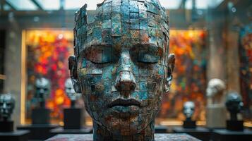 A sculpture of a head with a face made of wood photo