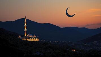 A mosque with a crescent moon in the sky photo