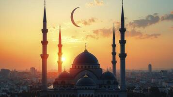 The sun rises over a mosque in the middle of a city photo
