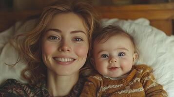 A woman and a baby are smiling for the camera photo