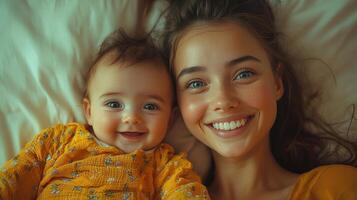 A woman and a baby are smiling while laying on a bed photo