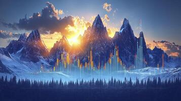 A mountain range with trees and a sun rising over it photo