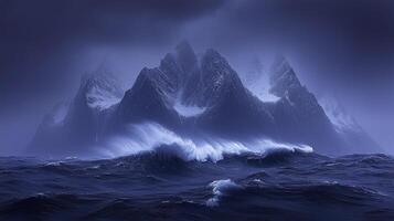 A dark ocean with mountains in the background photo