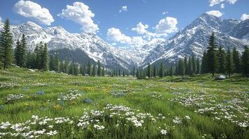 A field of wildflowers in front of mountains photo