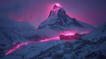 A mountain with a pink light shining on it photo