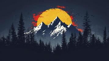 A mountain with trees and sun in the background photo